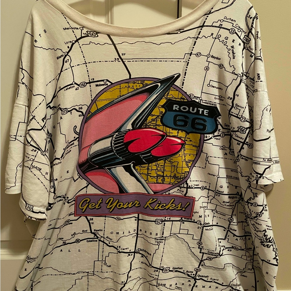 Rare Vintage ROUTE 66 Get Your Kicks All Over Map Print T Shirt 90s White SZ XL